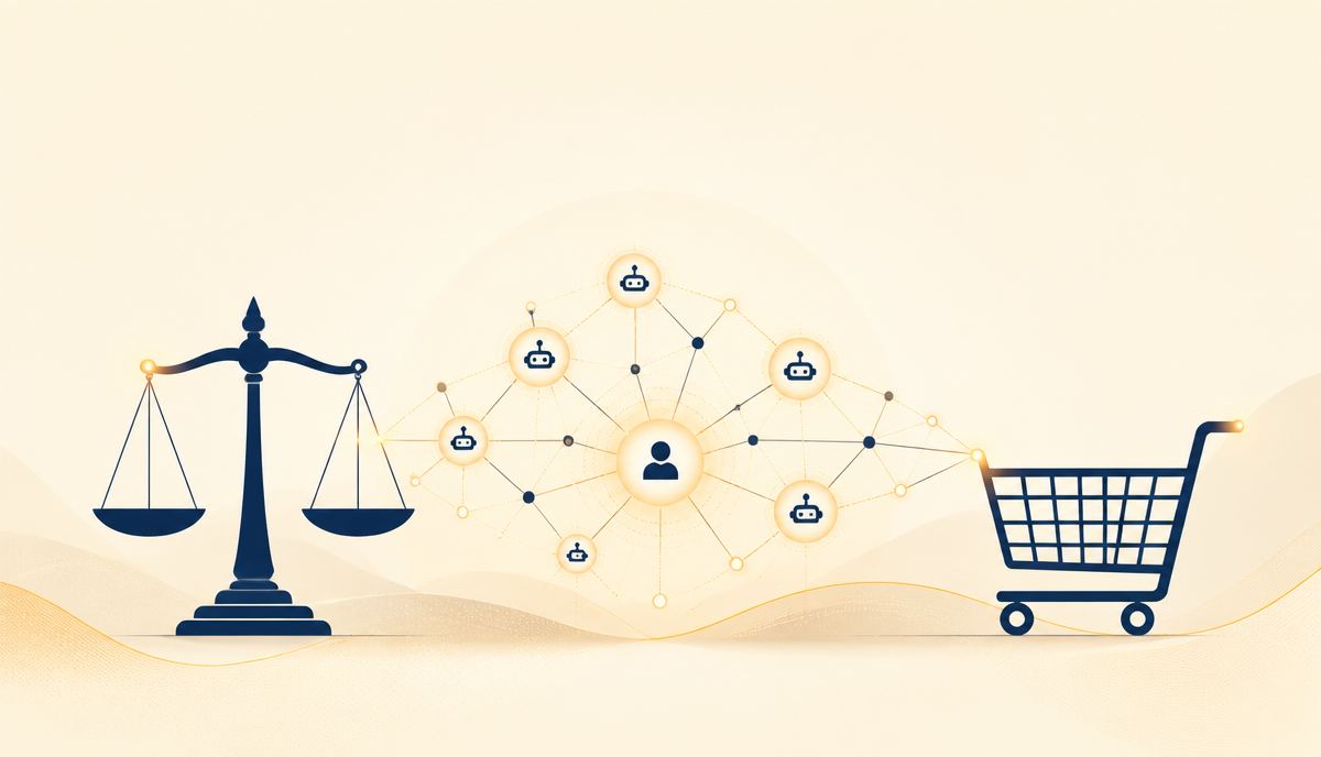 Illustration éditoriale : balance de la justice, réseau d'agents d'IA et panier d'achat sur fond crème.