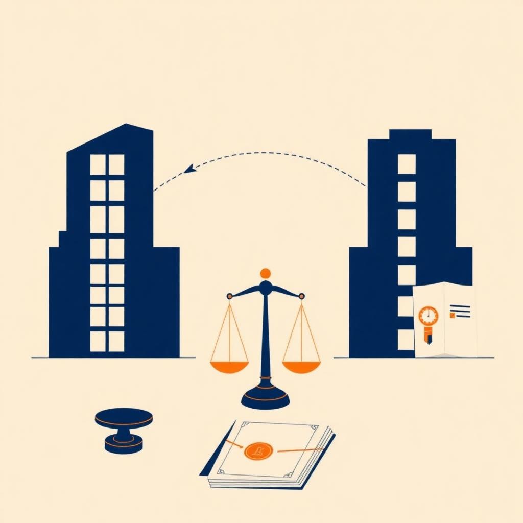 Illustration éditoriale : entreprises, balance de la justice et documents juridiques sur fond crème.