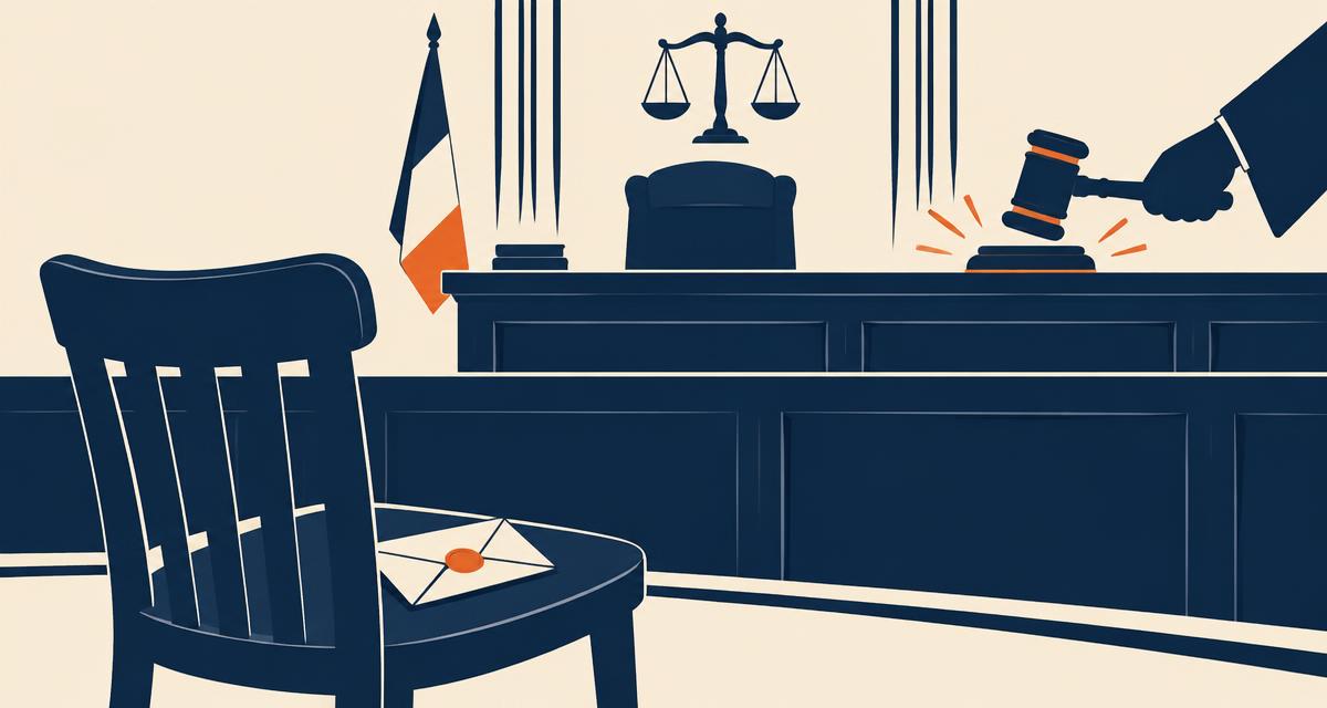 Chaise vide du défendeur devant le juge, assignation posée sur le siège