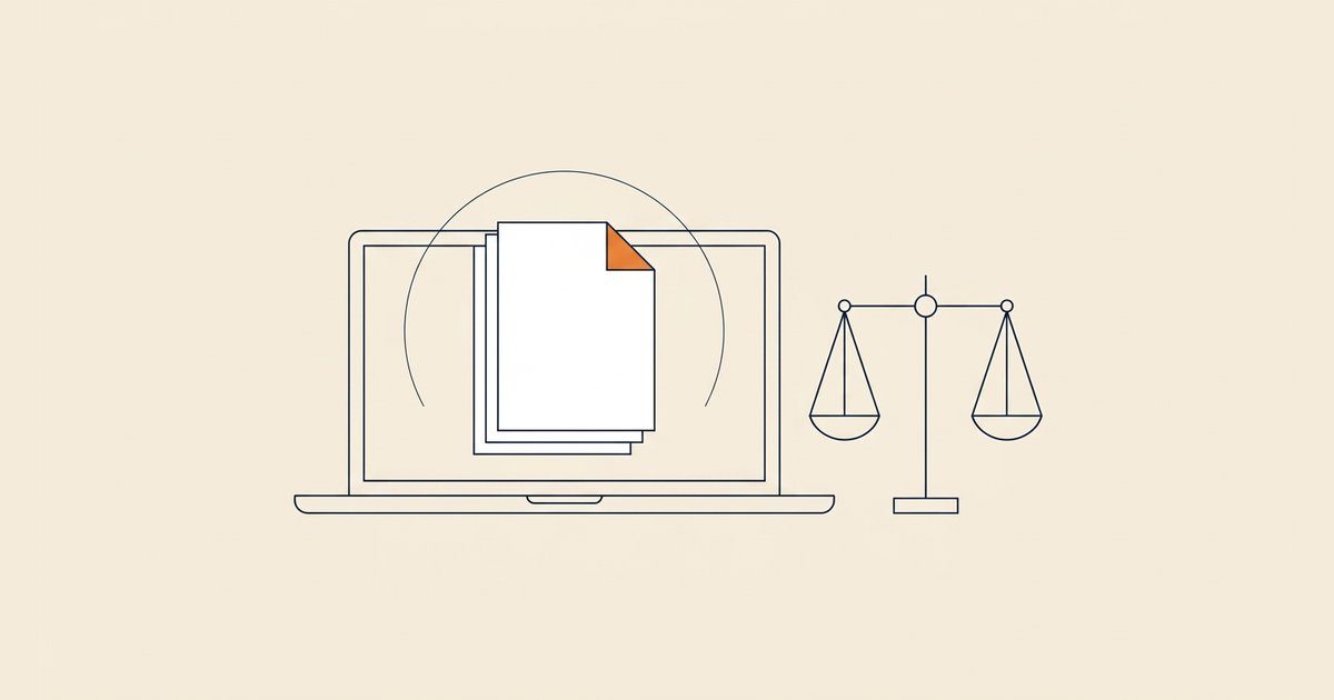 Illustration éditoriale : fichiers et documents sortant de l'écran d'un ordinateur portable professionnel, balance de la justice, sur fond crème.