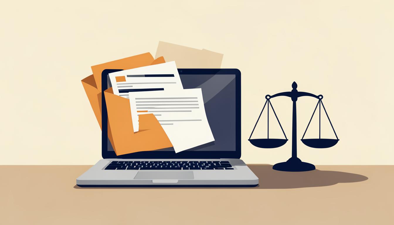 Illustration éditoriale : fichiers et documents sortant de l'écran d'un ordinateur portable professionnel, balance de la justice, sur fond crème.